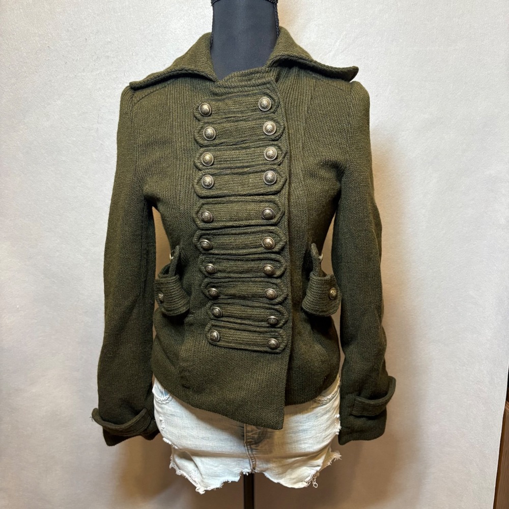 Aryn K Military Knit Jacket Olive Green Double Breasted Button XS AJ-5187-B